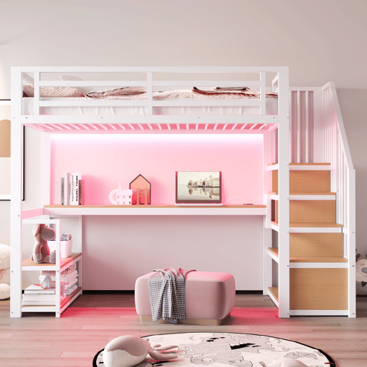 Cama de criança,cama alta de metal 90x200 cm com luz led,branco