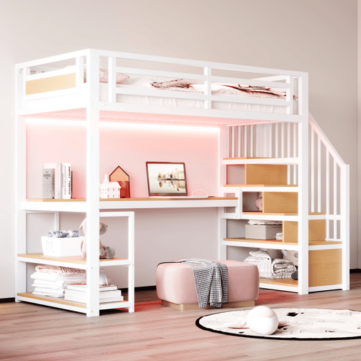 Cama de criança,cama alta de metal 90x200 cm com luz led,branco