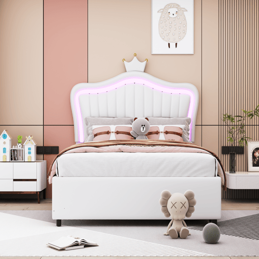 Cama de criança,cama de solteiro de couro sintético 90x200 cm com luz led,branco