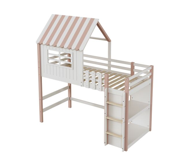Cama infantil,cama alta de madera maciza 90x200 cm,rosa+blanco