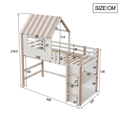Cama de criança,cama alta de madeira maciça 90x200 cm,rosa+branco