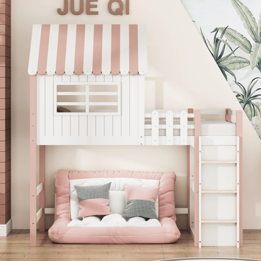Cama de criança,cama alta de madeira maciça 90x200 cm,rosa+branco