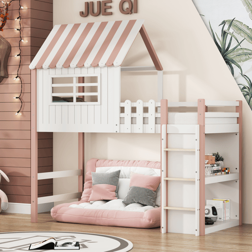 Cama de criança,cama alta de madeira maciça 90x200 cm,rosa+branco