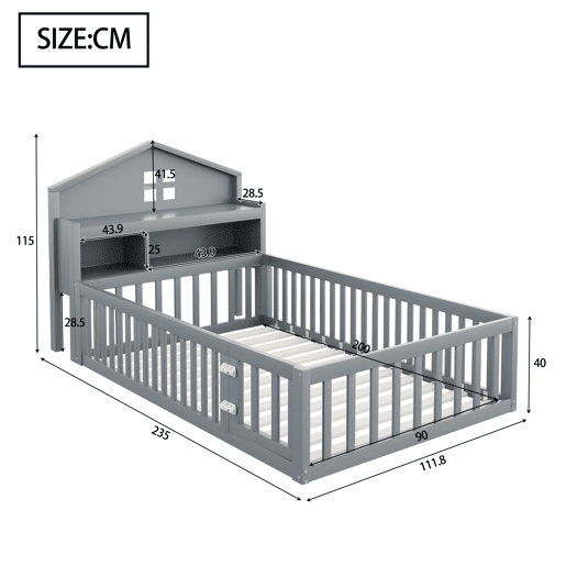Cama de criança,cama de solteiro de madeira maciça 90x200 cm,cinza