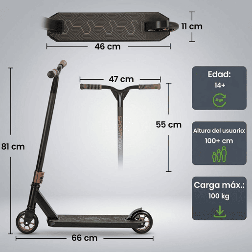 SPORTNOW Trotinete Acrobática Trotinete Freestyle com Guiador 360° Rolamentos ABEC-9 Rodas de PU de 120 mm Estrutura de Alumínio Aço Antiderrapante para Adolescentes Adultos para Skatepark 66x47x81 cm Dourado e Preto