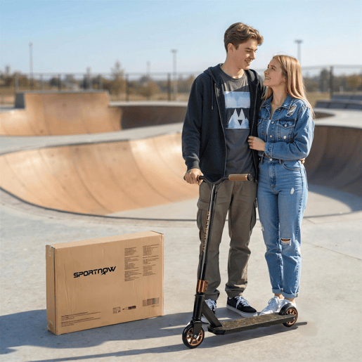 SPORTNOW Trotinete Acrobática Trotinete Freestyle com Guiador 360° Rolamentos ABEC-9 Rodas de PU de 120 mm Estrutura de Alumínio Aço Antiderrapante para Adolescentes Adultos para Skatepark 66x47x81 cm Dourado e Preto