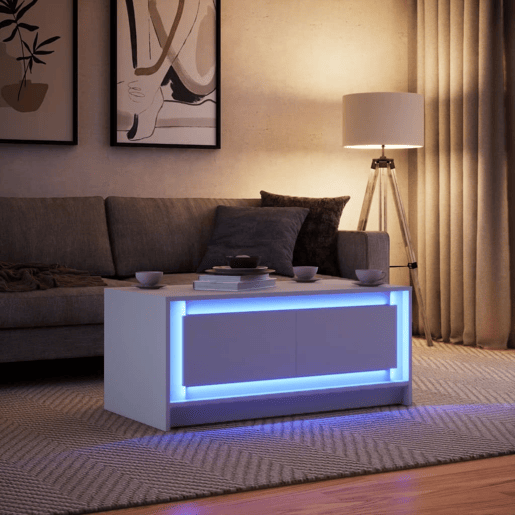 Mesa de Centro, Mesa baixa, com luzes LED derivados de madeira branco