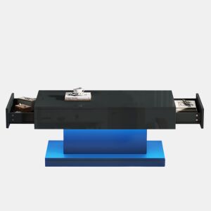 Mesa de centro 100x50x45 cm - 2 gavetas, mesa de café com luz LED - Cor preta