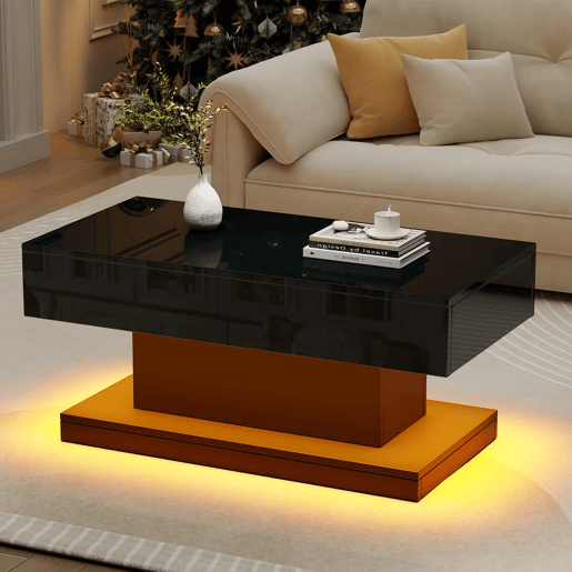 Mesa de centro 100x50x45 cm - 2 gavetas, mesa de café com luz LED - Cor preta