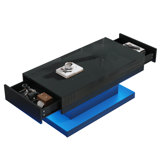 Mesa de centro 100x50x45 cm - 2 gavetas, mesa de café com luz LED - Cor preta