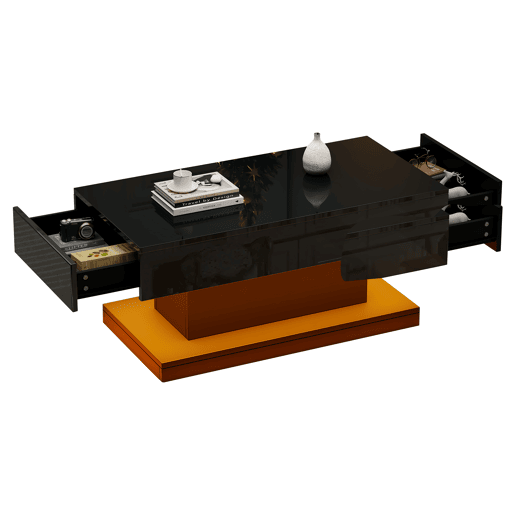 Mesa de centro 100x50x45 cm - 2 gavetas, mesa de café com luz LED - Cor preta