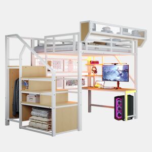 Cama de criança,cama alta de metal 140x200 cm com luz led,branco