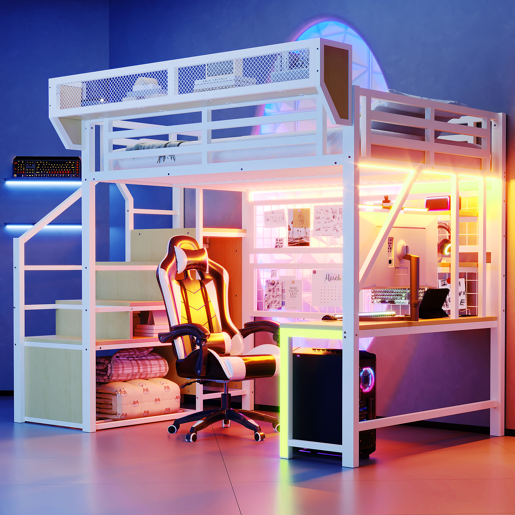 Cama de criança,cama alta de metal 140x200 cm com luz led,branco
