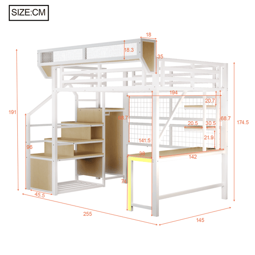 Cama de criança,cama alta de metal 140x200 cm com luz led,branco