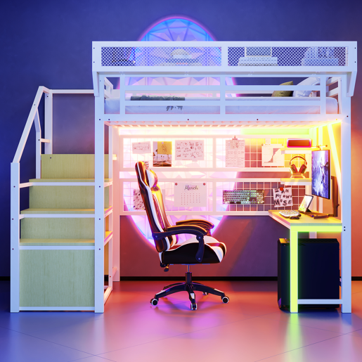 Cama de criança,cama alta de metal 140x200 cm com luz led,branco