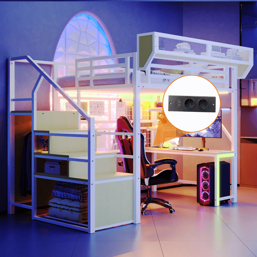 Cama de criança,cama alta de metal 140x200 cm com luz led,branco