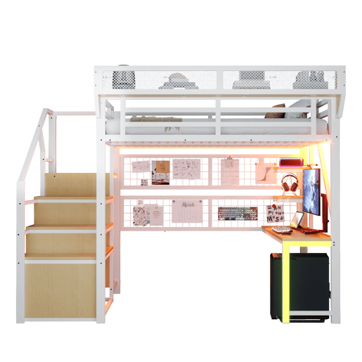 Cama de criança,cama alta de metal 140x200 cm com luz led,branco