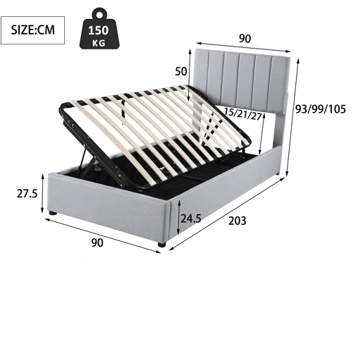 Cama de criança,cama de solteiro de linho 90x200 cm com armazenamento,cinza