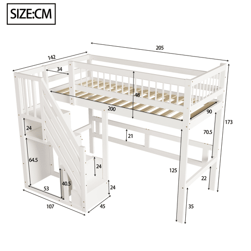 Cama de criança,cama alta de madeira maciça 90x200 cm,branco
