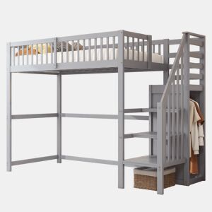 Cama de criança,cama alta de madeira maciça 90x200 cm,cinza