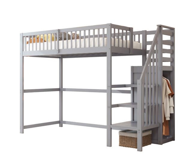 Cama infantil,cama alta de madera maciza 90x200 cm,gris