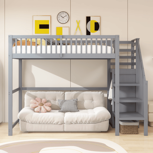 Cama de criança,cama alta de madeira maciça 90x200 cm,cinza