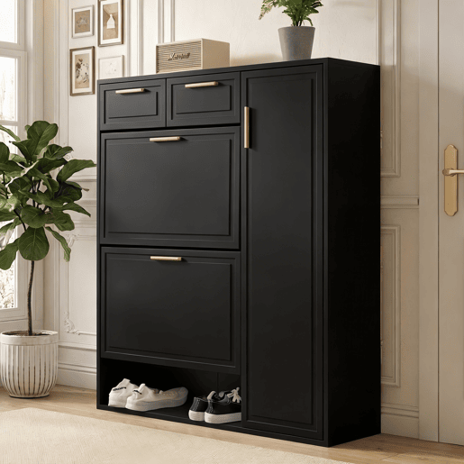 Sapateira de painel de partículas com 1 porta e 2 tabuleiros,preto