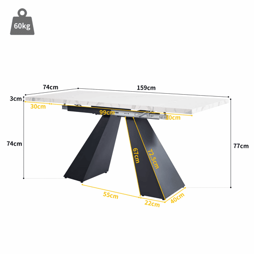 Conjunto de sala de jantar de 5 peças 160x80cm - Mesa extensível com 4 cadeiras de veludo cinzento - Branco e preto