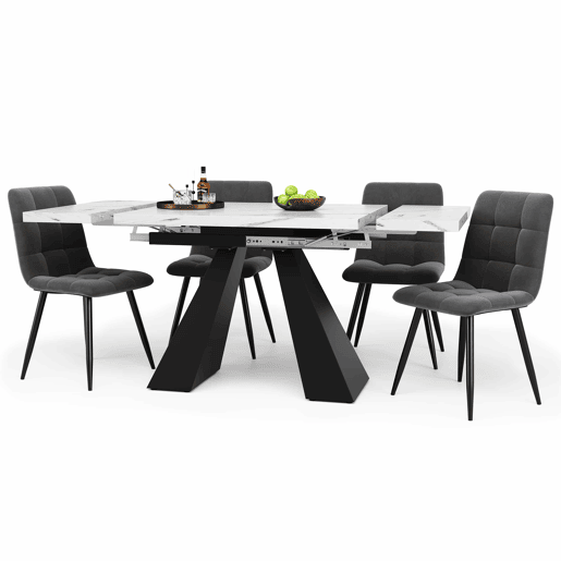 Conjunto de sala de jantar de 5 peças 160x80cm - Mesa extensível com 4 cadeiras de veludo cinzento - Branco e preto