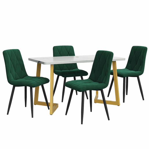 Conjunto de sala de jantar 117x68cm - Mesa retangular com 4 cadeiras - Tecido Twill verde escuro - Pernas douradas