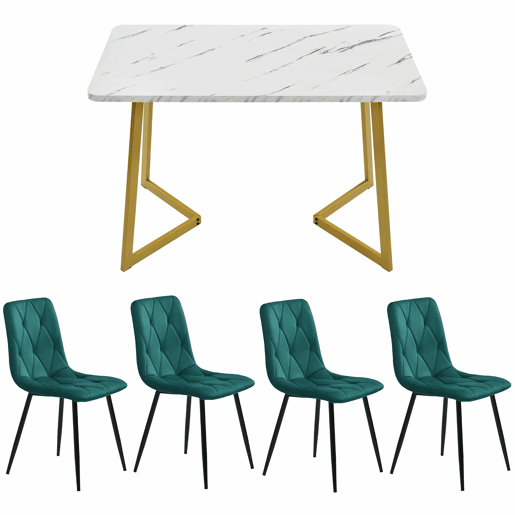 Conjunto de sala de jantar 117x68cm - Mesa retangular com 4 cadeiras - Tecido Twill verde escuro - Pernas douradas