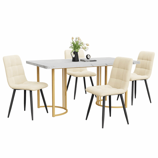 Conjunto de sala de jantar 140x80cm - Mesa de cozinha com 4 cadeiras, pernas metálicas douradas, estofamento bege
