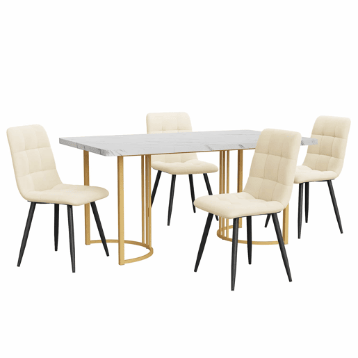 Conjunto de sala de jantar 140x80cm - Mesa de cozinha com 4 cadeiras, pernas metálicas douradas, estofamento bege