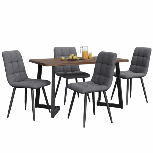 Conjunto de sala de jantar de 5 peças - Mesa de jantar com 4 cadeiras, madeira de nogueira, pernas metálicas pretas, linho cinzento