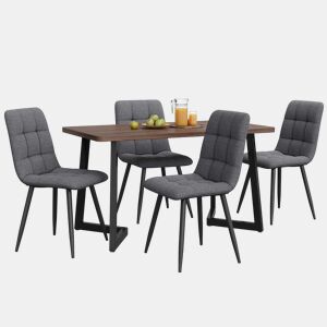 Conjunto de sala de jantar de 5 peças - Mesa de jantar com 4 cadeiras, madeira de nogueira, pernas metálicas pretas, linho cinzento
