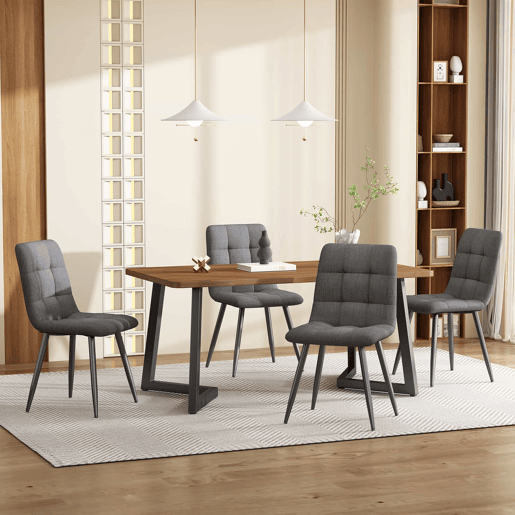 Conjunto de sala de jantar de 5 peças - Mesa de jantar com 4 cadeiras, madeira de nogueira, pernas metálicas pretas, linho cinzento
