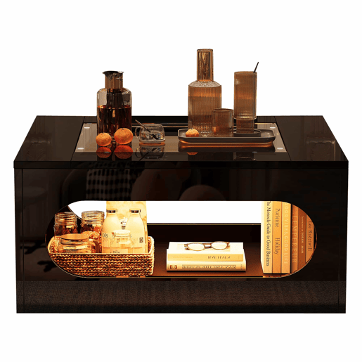 Mesa de centro quadrada 70x70x35 cm - Mesa de sala com vidro temperado, LED, abertura central - Preto