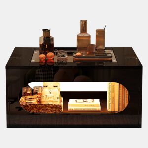 Mesa de centro quadrada 70x70x35 cm - Mesa de sala com vidro temperado, LED, abertura central - Preto
