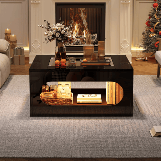 Mesa de centro quadrada 70x70x35 cm - Mesa de sala com vidro temperado, LED, abertura central - Preto