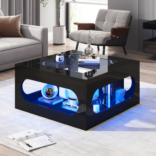 Mesa de centro quadrada 70x70x35 cm - Mesa de sala com vidro temperado, LED, abertura central - Preto
