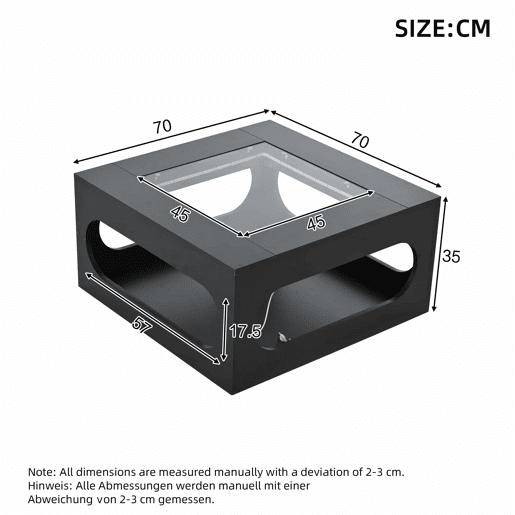 Mesa de centro quadrada 70x70x35 cm - Mesa de sala com vidro temperado, LED, abertura central - Preto