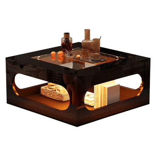 Mesa de centro quadrada 70x70x35 cm - Mesa de sala com vidro temperado, LED, abertura central - Preto