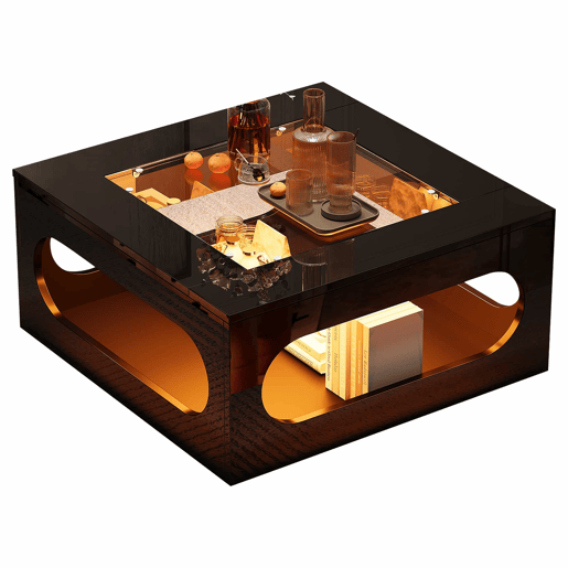 Mesa de centro quadrada 70x70x35 cm - Mesa de sala com vidro temperado, LED, abertura central - Preto