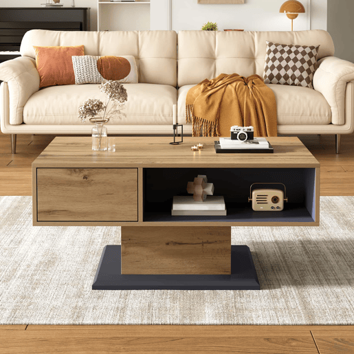 Mesa de centro 120x60 cm - duplo armazenamento, compartimento grande, interior extra - Natural