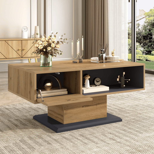 Mesa de centro 120x60 cm - duplo armazenamento, compartimento grande, interior extra - Natural