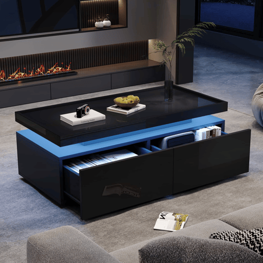 Mesa de centro 95x45x35 cm - LED, 2 gavetas, design geométrico, alto brilho - preto