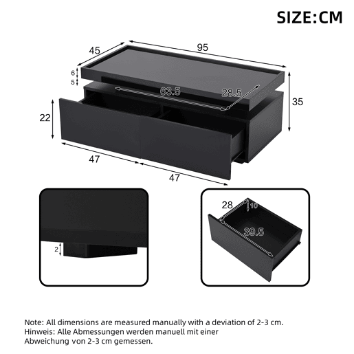 Mesa de centro 95x45x35 cm - LED, 2 gavetas, design geométrico, alto brilho - preto