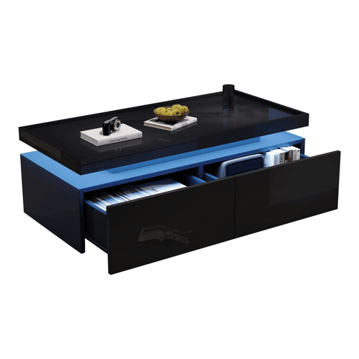 Mesa de centro 95x45x35 cm - LED, 2 gavetas, design geométrico, alto brilho - preto