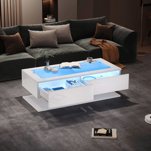 Mesa de centro 100x50x35 cm - Sofá com gavetas, mesa com LED e vidro - Branco