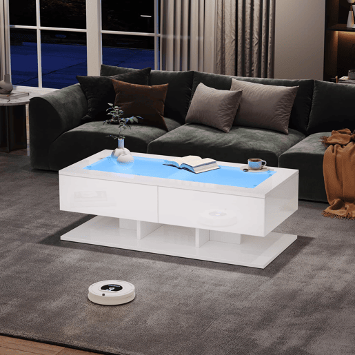 Mesa de centro 100x50x35 cm - Sofá com gavetas, mesa com LED e vidro - Branco